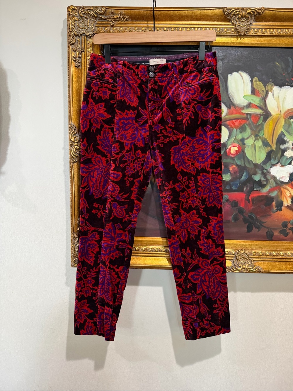 Anthropologie Velvet Floral Pants in Red and Purple
